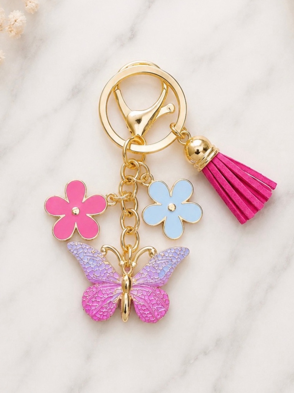 Pink Butterfly Bag Charm Keyring With Flower & Tassel Accent-Gold Hardware